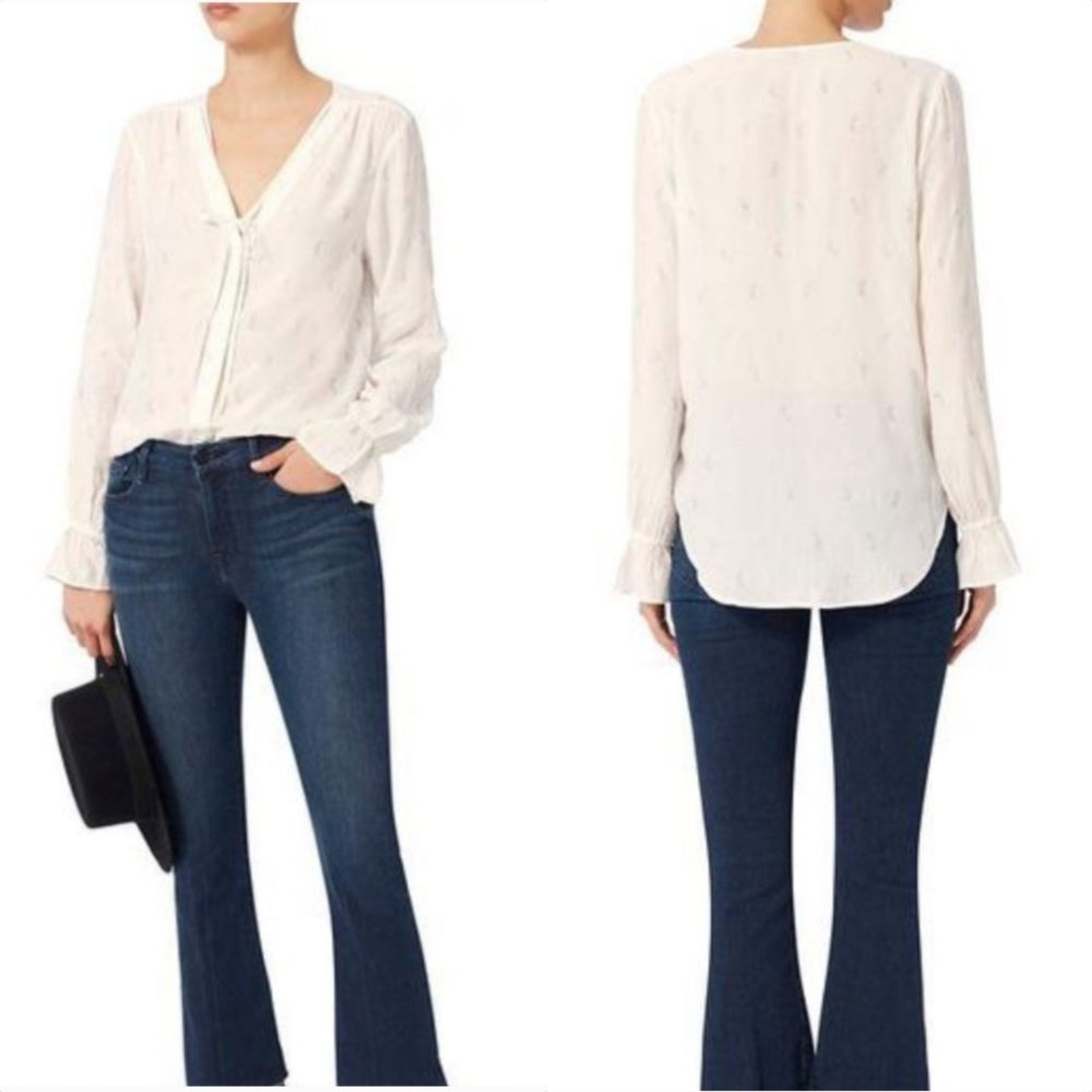 St. Roche Elyse Feather Print Long Sleeve Button Up Tie V Neck Blouse